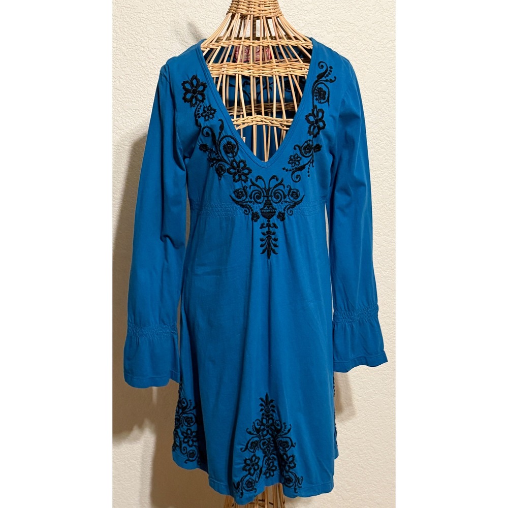 JWLA Johnny Was Teal Blue Embroidered Boho Tunic Dress Long Sleeve Bell Cuff L
